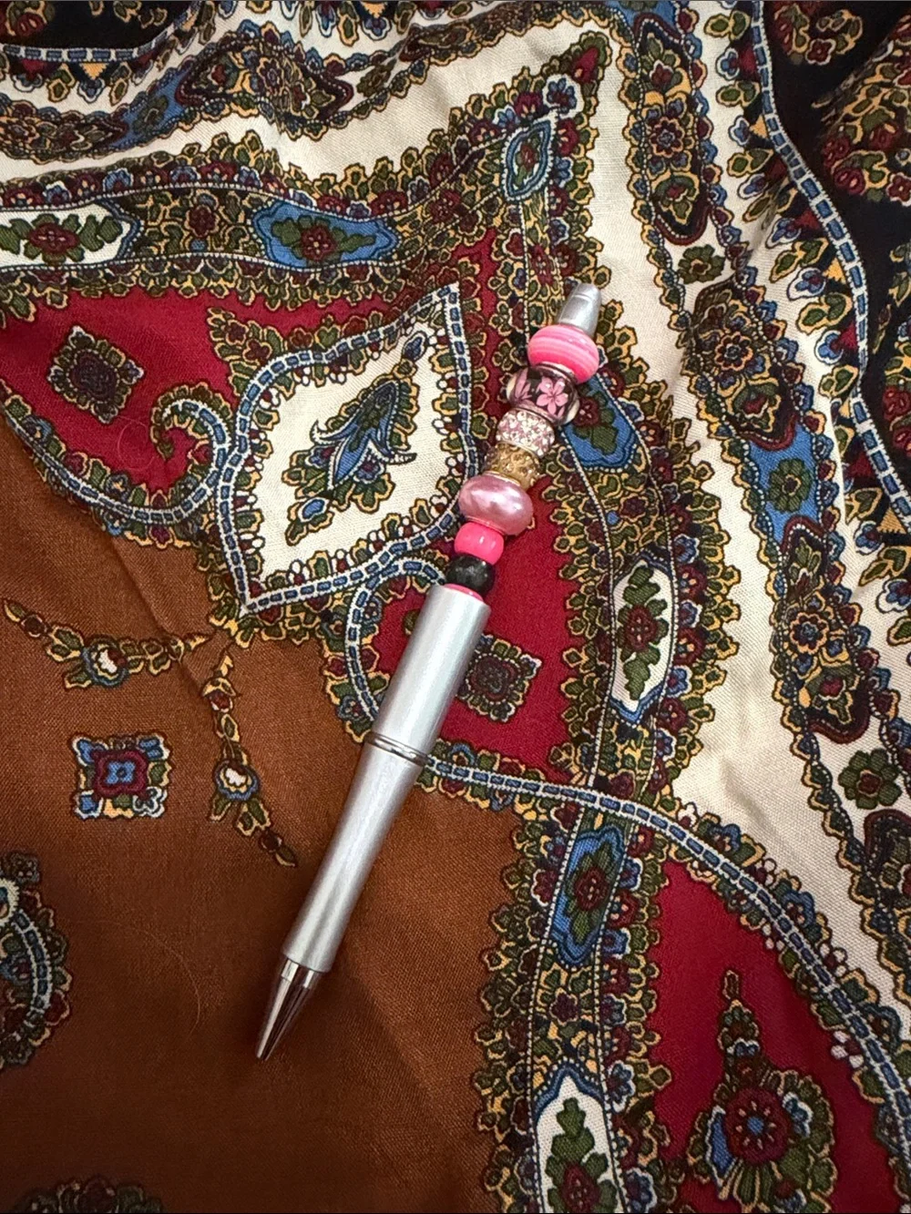 Silver Ballpoint Pen with Pink Beaded Charm